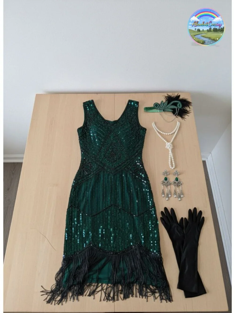 1920s Flapper Dress Sheer Beaded Sleeves Gatsby Costume Set